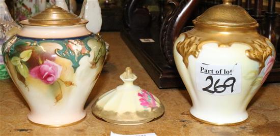 Two Royal Worcester rose painted vases & one cover, damage(-)